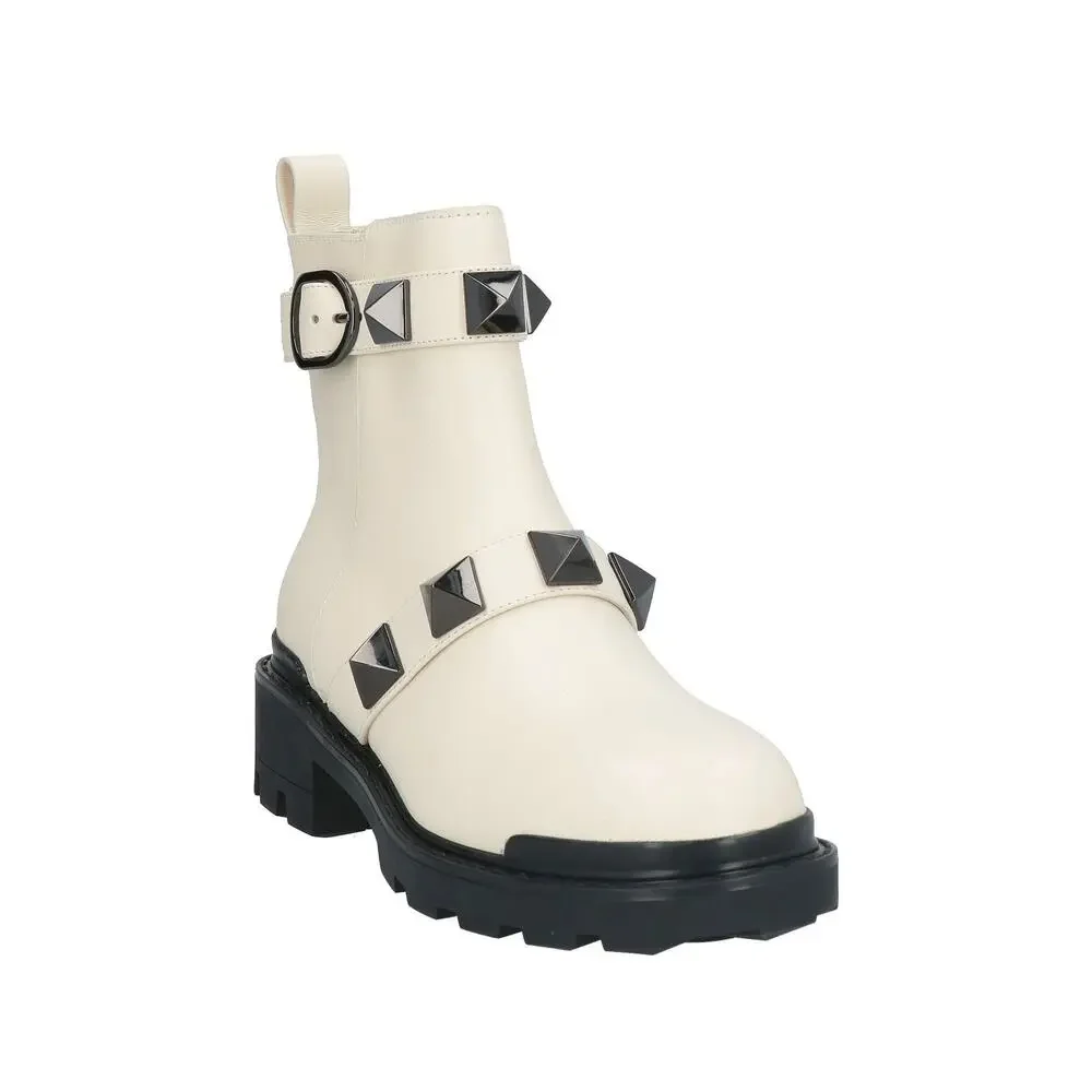 Valentino Garavani Roman Stud Ankle Boots in Calfskin Ivory Black 41.5